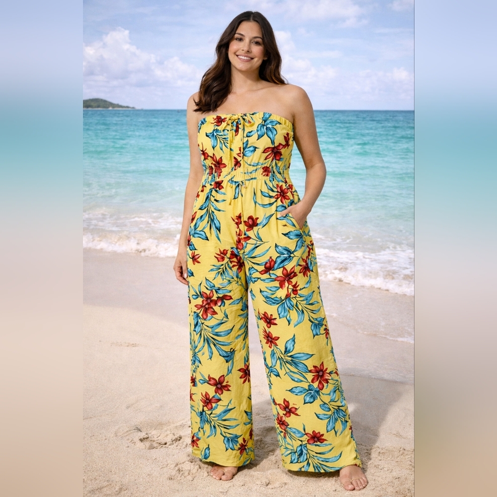 🌼#17 Yellow Floral Strapless Wide Leg Jumpsuit with Pockets XXL